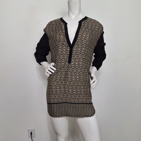 Urban Mangoz Tops - Urban Mangoz Black Tan Geometric Print 3/4 Sleeve Boho Retro Tunic Top Size L